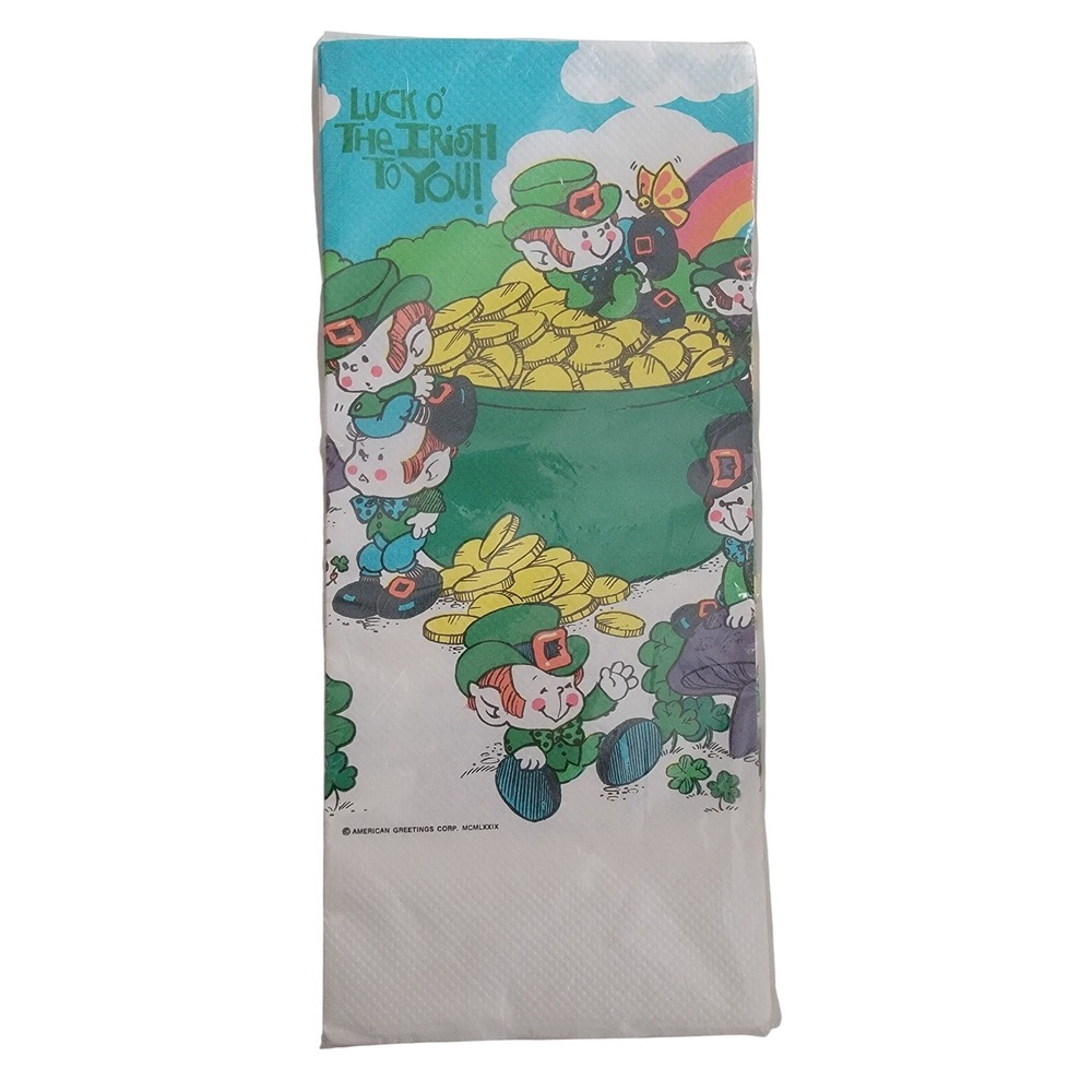 Vintage 1979 American Greetings St Patricks Day Tablecover Leprechaun 54x96 NEW